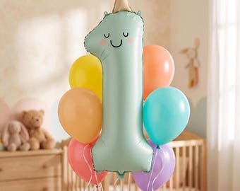 Palloncino in lamina numero 1 color menta opaco con cappellino da festa – 86 cm | Palloncino per il primo compleanno