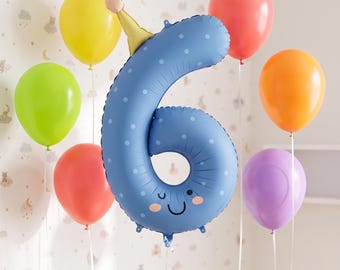 Balão metalizado número 6, azul fosco com chapéu de festa – 86 cm | Balão para 6º aniversário
