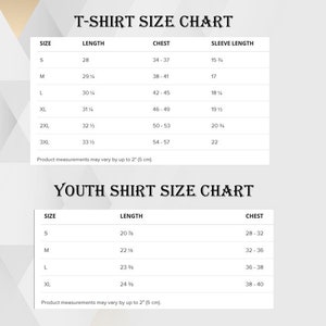 Puede incluir: Tabla de tallas de camiseta para adultos y j&oacute;venes, que muestra las medidas en pulgadas para la longitud, el pecho y la longitud de la manga. La tabla incluye las tallas S, M, L, XL, 2XL, 3XL para adultos y S, M, L, XL para j&oacute;venes.