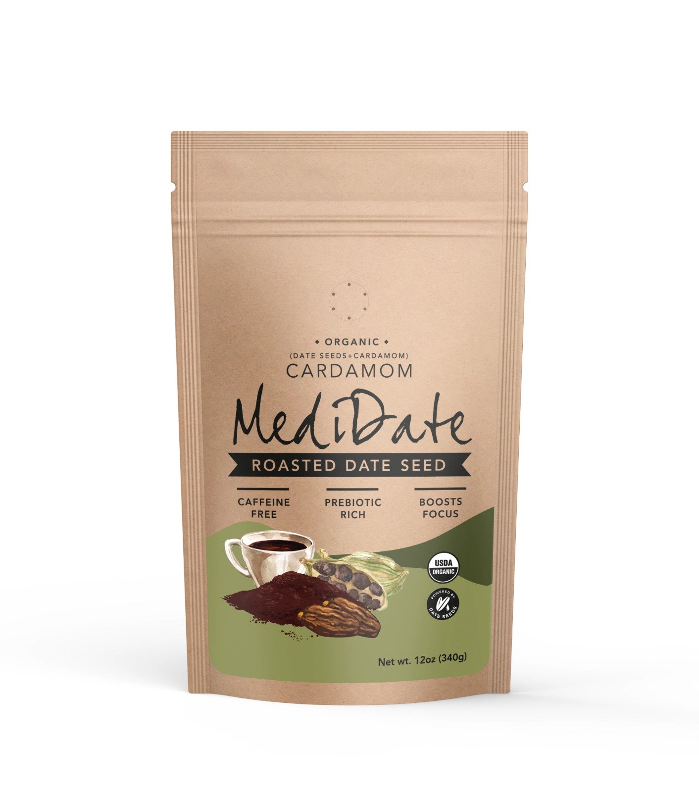 MEDIDATE - Geröstete Dattelsamen + Kardamom - Vegan, Koffeinfrei, Präbiotisch reich (12 oz. / 25 Portionen)