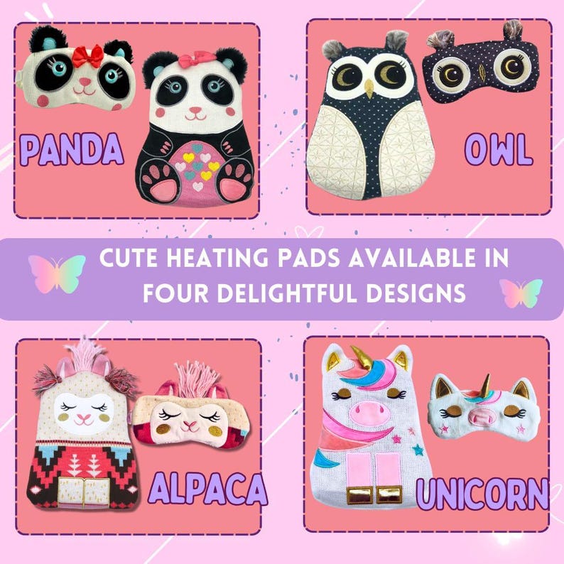 K&ouml;nnte beinhalten: Das Bild zeigt vier Designs von niedlichen Heizkissen: Panda, Eule, Alpaka und Einhorn. Jedes Design hat eine passende Augenmaske. Der Text lautet: "CUTE HEATING PADS AVAILABLE IN FOUR DELIGHTFUL DESIGNS."