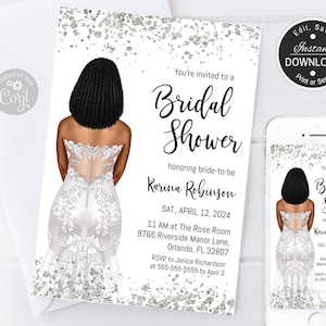 Bridal Brunch Invitation, African American Bridal Shower Invitation, White and Silver, Try Before You Buy - Link In Description