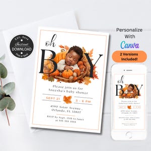Oh Boy Baby Shower Invitation, African American, Fall Baby Shower Pumpkin Invite for Boy, 5 x 7 and Phone Evite