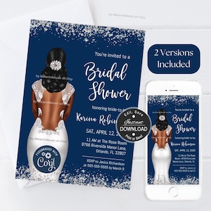 Bridal Brunch Invitation, African American Bridal Shower Invitation, Navy Blue and Silver, Try Before You Buy - Link In Description