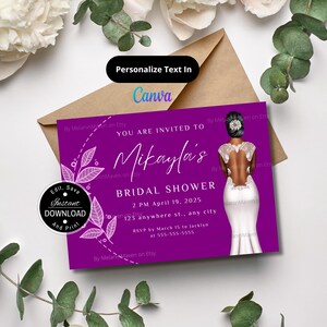 Purple Bridal Shower Invitation Template with African American Bride – Editable Digital Download, Bridal Brunch Invite, Canva Template