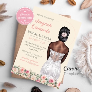 Bridal Shower Invitation Template for Brown Skin Bride, African American Personalized Bridal Invite, Pink Blush Floral, 5 x 7