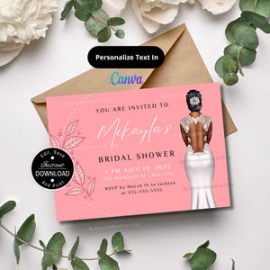 Pink Bridal Shower Invitation Template with African American Bride – Editable Digital Download, Bridal Brunch Invite, Canva Template