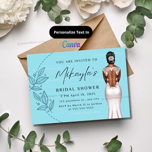 Light Blue Bridal Shower Invitation Template with African American Bride – Editable Digital Download, Bridal Brunch Invite, Canva Template