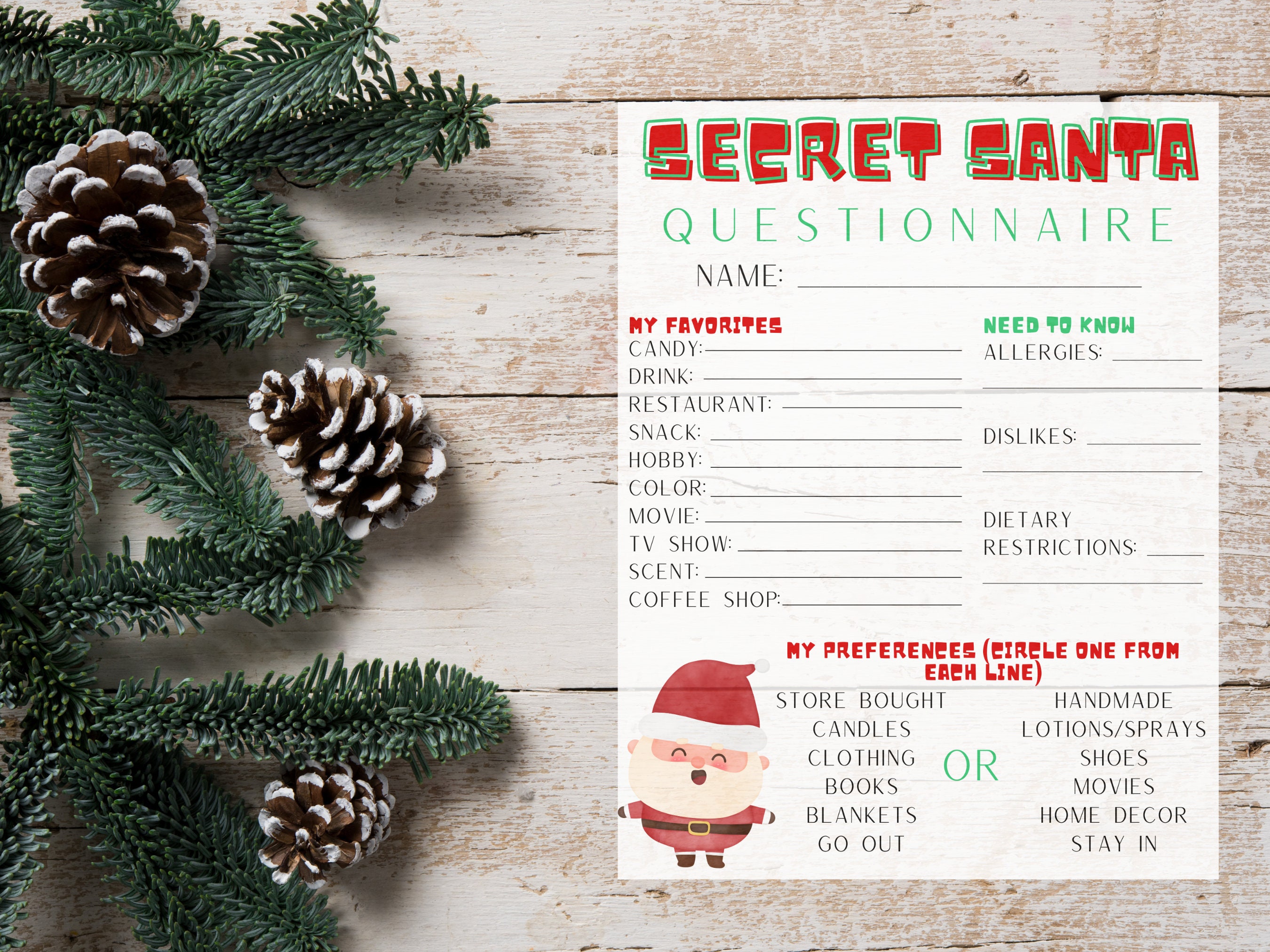 Secret Santa Questionnaire Template, Editable Secret Santa Preferences ...