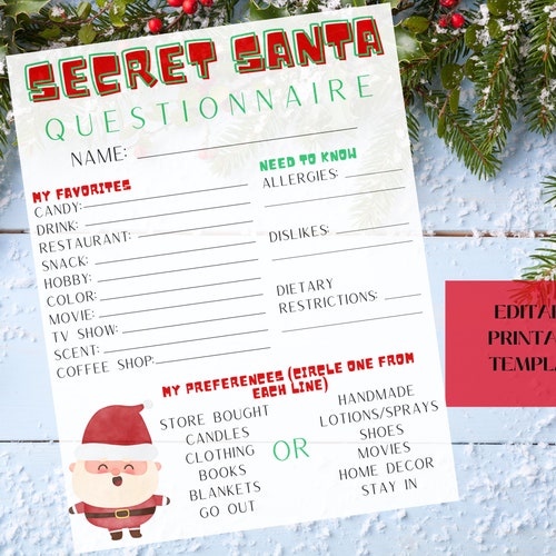 Printable PDF Secret Holiday Elves Gift Exchange Questionnaire - Etsy