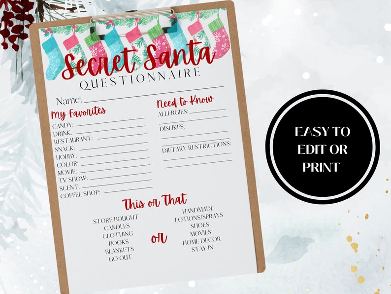 Secret Santa Questionnaire, Secret Santa Printable Question, Santa Party Invitation, Digital ...