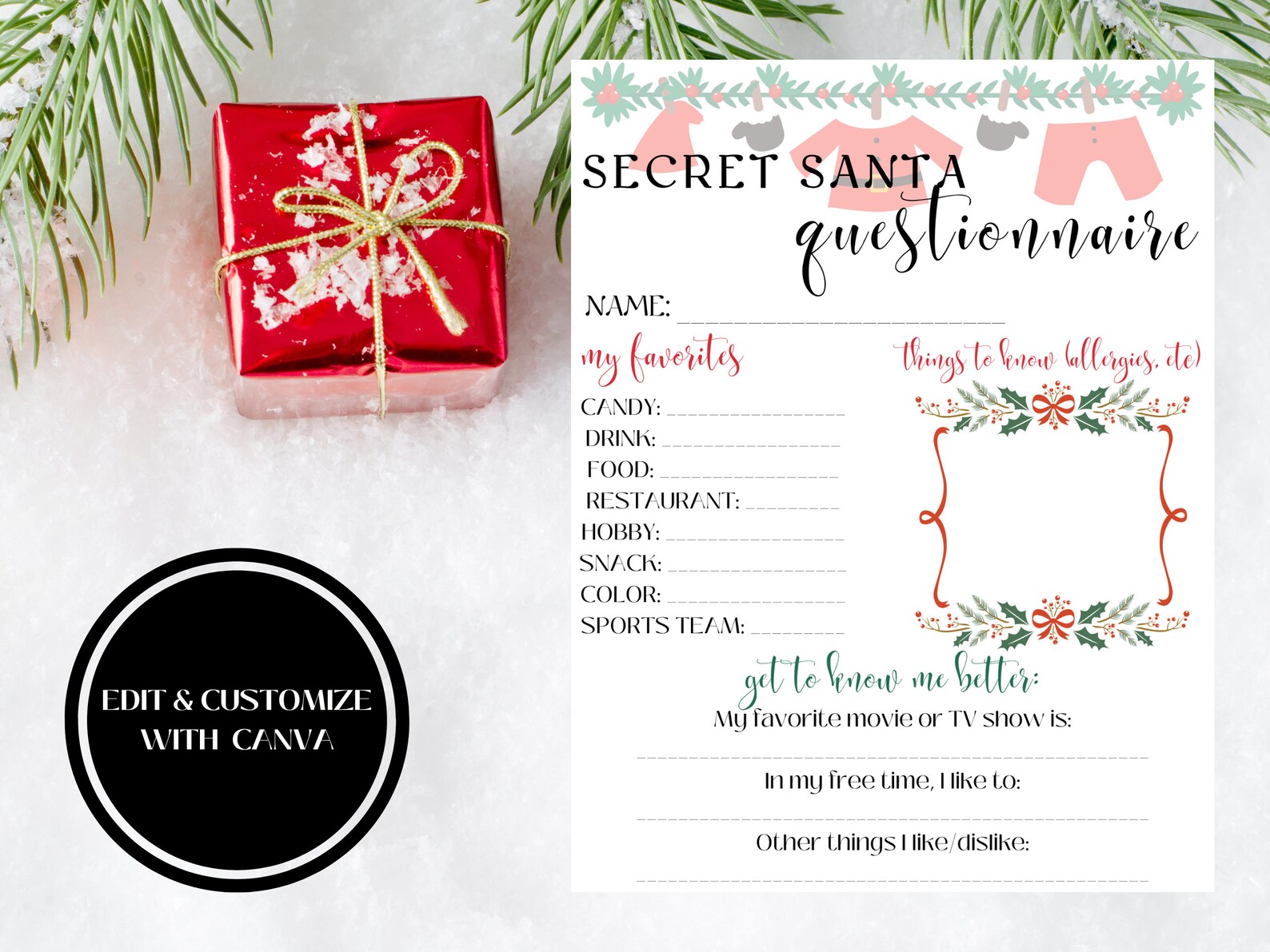 Secret Santa Questionnaire Template, Holiday Party Secret Santa