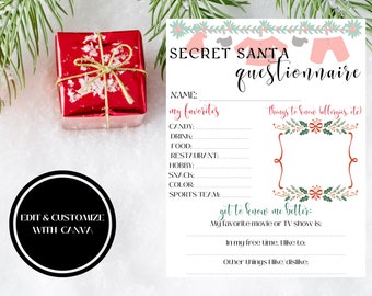 Secret Santa Questionnaire Template, Holiday Party Secret Santa Preference Form, Christmas Printable, Holiday Party Santa Printable PDF