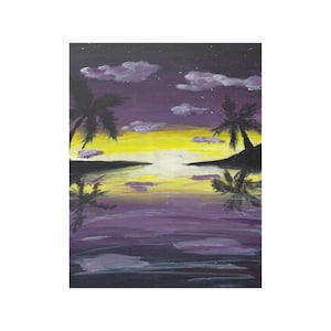 May include: A painting of a sunset over water with palm trees silhouetted against the sky. The sky transitions from yellow to purple, with clouds and stars. The water reflects the sunset and trees.