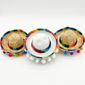 May include: Three colorful Mexican sombreros with white felt tops and colorful trim. Each sombrero has a white pom-pom trim around the brim.