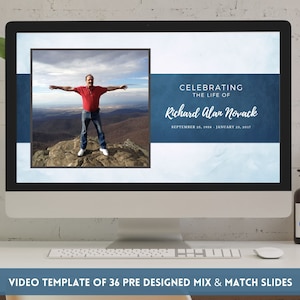 May include: A computer screen displaying a video template for a memorial video. The template features a photo of a man standing on a mountaintop with his arms outstretched. The text "Celebrating the Life of Richard Alan Novack September 25, 1958 - January 23, 2017" is displayed on the screen. The text "Video Template of 36 Pre Designed Mix & Match Slides" is displayed below the screen. The text "Edit in Canva" is displayed on a brown bottle.