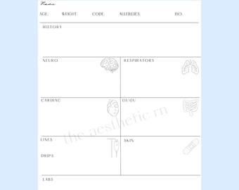 May include: A printable medical chart template with sections for patient information, medical history, and body systems. The template includes icons for the brain, lungs, heart, and intestines.