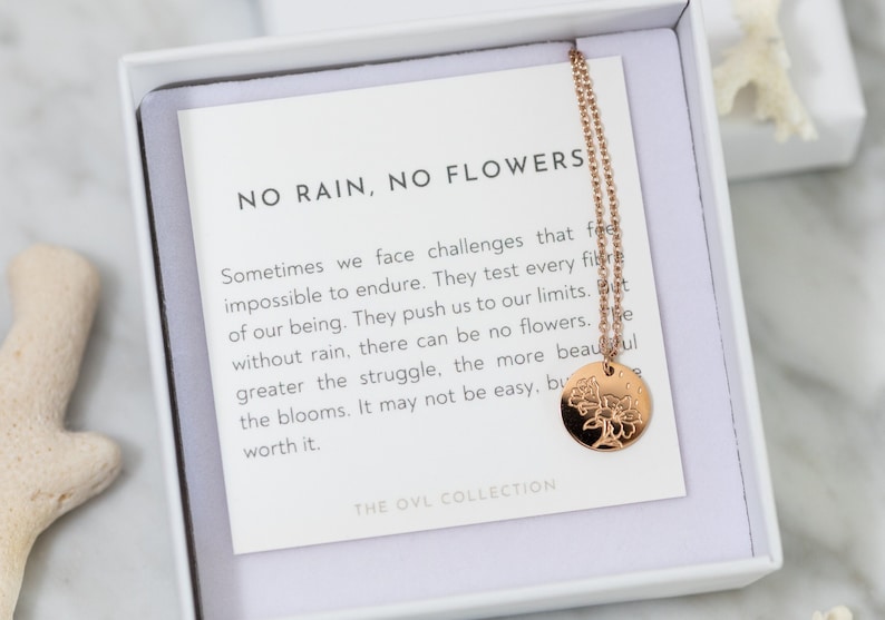 Grieving friend gift, for emotional support, cheer up gift, sympathy gift, condolence gift, get well gift, divorce, loss | No Rain, No Flowers necklace