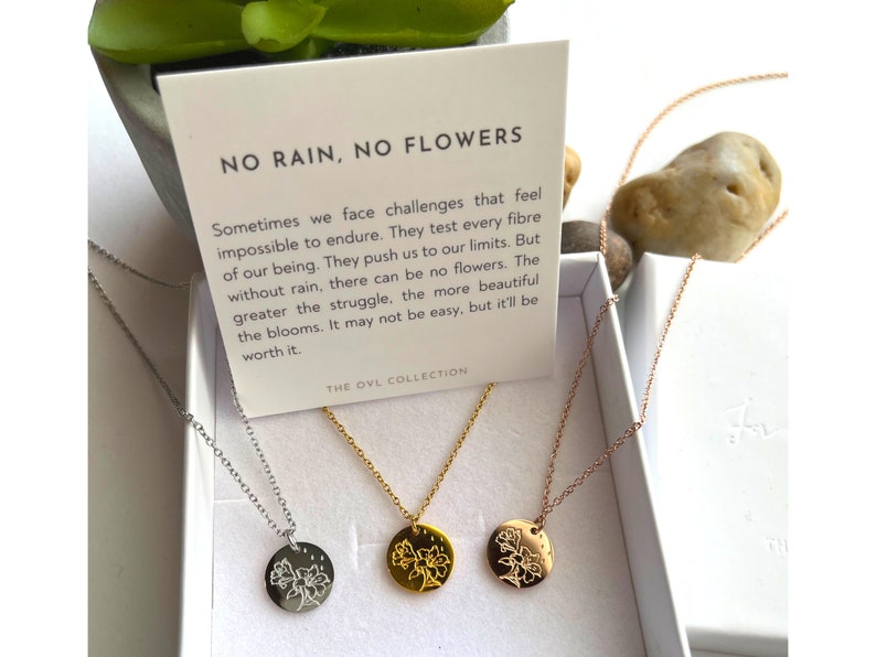 Grieving friend gift, for emotional support, cheer up gift, sympathy gift, condolence gift, get well gift, divorce, loss | No Rain, No Flowers necklace