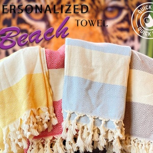 May include: Four personalized beach towels with different colored stripes and diamond patterns. The towels have tassels on the ends and are made of a soft, absorbent material. The towels are labeled "Quick Dry" and are perfect for the beach or pool.