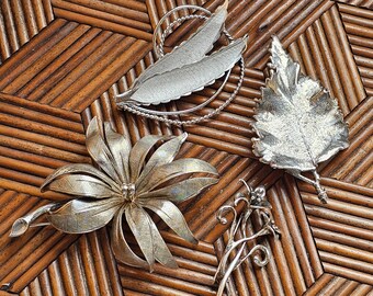 Vintage Silver Leaf & Flower Brooches
