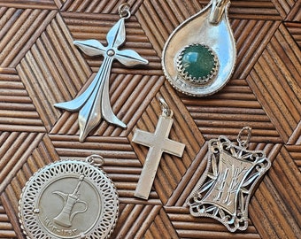 Selection of Vintage & Antique Silver Necklace Pendants Crosses, Coins, Aventurine, 1800s-1970s, Unique Statement Pieces