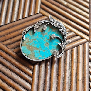 Antique Vintage Silver, Turquoise Stone & Glass Paste Brooch - Art Nouveau Style - Victorian Edwardian