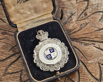 Antique Sterling Silver & Enamel Pocket Watch Fob Necklace Pendant in Original Box L. Simpson Co 1937 Regent Park Cricket League