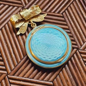 1920s Blue Guilloche Silver & Enamel Powder Compact Pendant Brooch - Refurbished