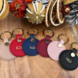 Leather Keyring, Personalised Leather Keyring Monogram Key Chain Gifts for Her and Him, Round Keychain, Personalized Gift, Handmade in UK
