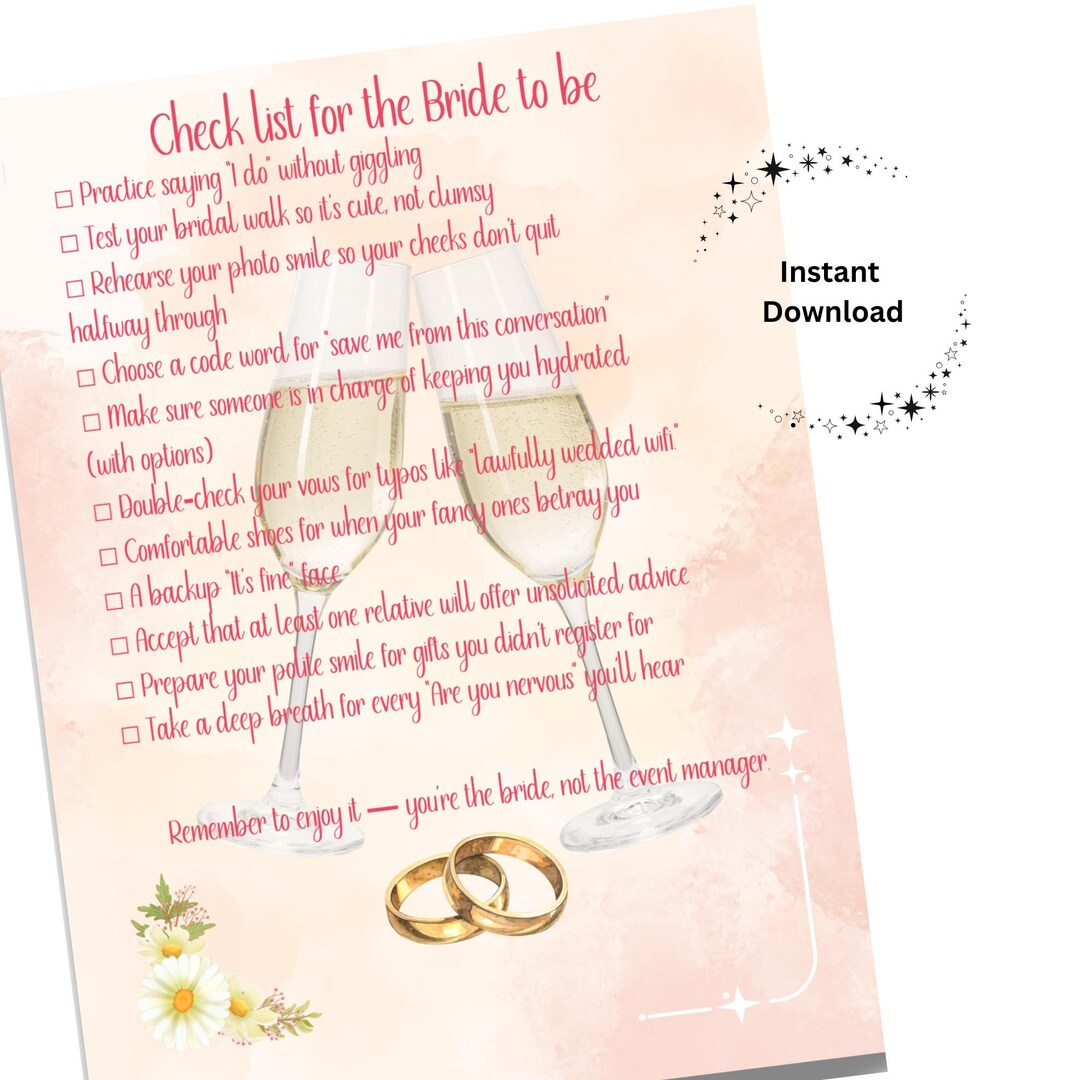 Bride Checklist Humor Printable, Bridal Shower Funny Check List ...