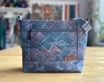 Medium Crossbody Bag - line mountains, blue (recycled canvas)