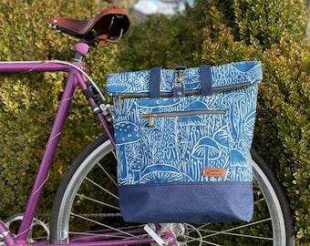 Pannier/bicycle fold-over tote bag, navy mushrooms (recycled canvas)