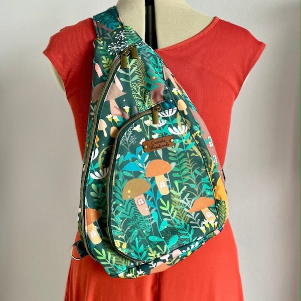 Sling Bag, one-shoulder backpack - enchanted forest, recycled canvas, 3-season fabric