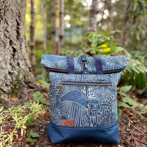 Fold-top shops bicycle pannier/tote bag, navy blue mushrooms