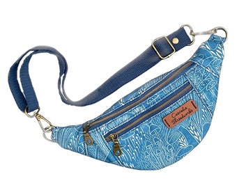 Fanny Pack, Sling Bag (multiple sizes) - navy mushrooms, recycled canvas