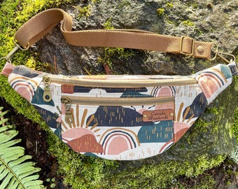 Riñonera, bolso bandolera (varios tamaños) - Sunshine Mountains, lona de lino y algodón