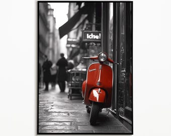 Vespa Vintage Poster, Vespa Kunstdruck, Moody Vespabild, Geschenk für Vespa-Enthusiasten, druckbare Kunst, Schwarz weiss Bild, rote Vespa