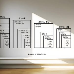 May include: A chart showing different print sizes for various aspect ratios, including 2:3, 4:5, and 3:4. The chart also includes standard paper sizes like A1, A2, A3, and A4. The text "Room is 10 ft (3 m) wide" is at the bottom of the chart.