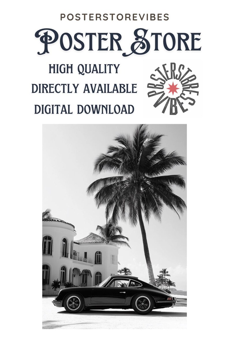 May include: Black and white photo of a classic car parked in front of a white house with palm trees. The car is a Porsche 911.