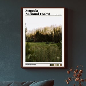 Arte de la pared del bosque nacional Sequoia, cartel del bosque nacional Sequoia, arte de la pared del prado de California, cartel de belleza de California