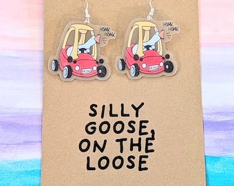 Silly Goose on the Loose Acrylic Earrings, Funny Meme Car Jewelry