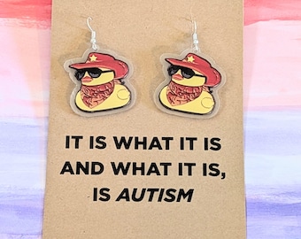 Rubber Duck Meme Earrings, Cowboy Hat Sunglasses Quote, Autism Awareness Jewelry