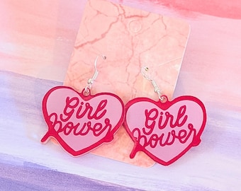 Girl Power Earrings,Acrylic Earrings,Feminist earrings,statement heart earrings