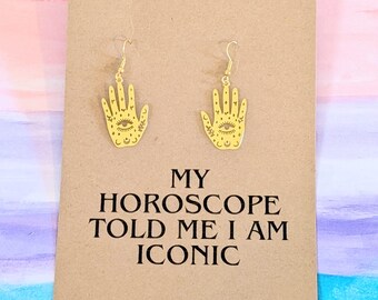 Gold Horoscope Hand Earrings: Celestial Palmistry Jewelry