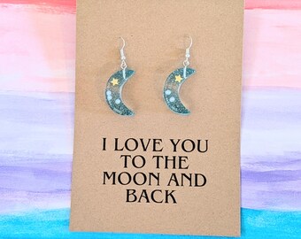 Acrylic Moon Earrings, Celestial Statement Jewelry, Love You To The Moon Back