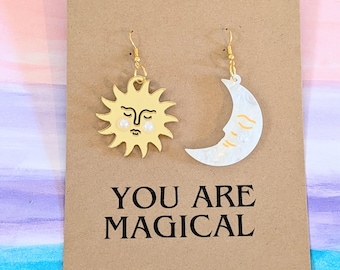 Sun Moon Acrylic Earrings, Celestial Statement Jewellery, You Are Magical Quote