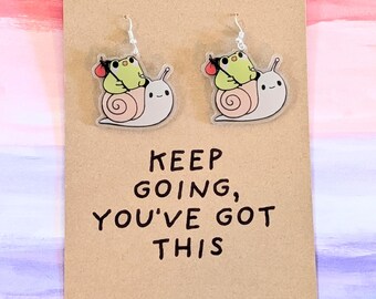 Frog Snail Meme Acrylic Earrings, 'Keep Going You've Got This' Quote