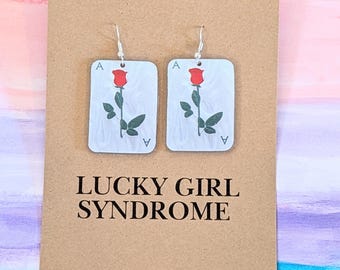 Lucky Girl Syndrome Playing Card Earrings, Manifestation Statement Jewelry