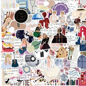 May include: A collection of colorful stickers featuring illustrations of a singer with guitars, quotes, and album art. The stickers include images of a cityscape, a record player, and a blue umbrella.
